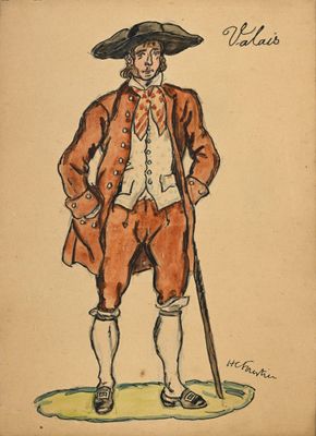 un vieux dessin représentant un homme avec un chapeau et une canne