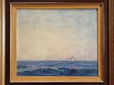 une peinture à l'huile représentant un voilier en mer par temps nuageux