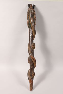 an old wooden stick with a carved handle on a white background