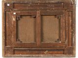 an old wooden frame with two small windows and a white background