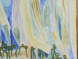 a painting of a group of people standing in front of a building