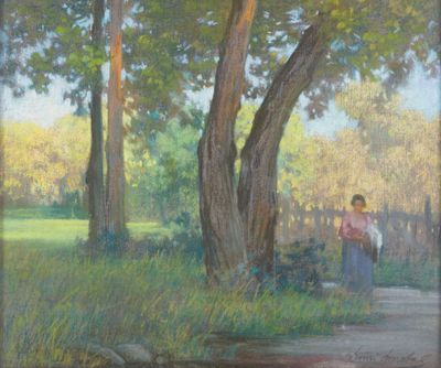 une peinture à l'huile représentant une femme marchant sur un sentier dans un parc