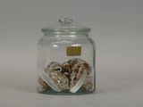 a glass jar filled with donuts on a white surface