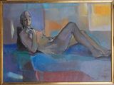 a painting of a woman laying on a bed
