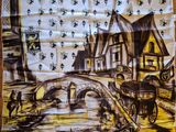 a picture of a towel with a picture of a town on it