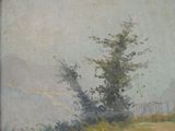 a painting of a tree in a field with a bridge in the background