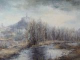 a painting of a river with a castle in the background