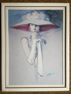 painting of a woman wearing a hat and holding a red umbrella