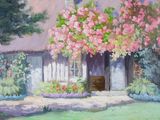 a painting of a house with pink flowers in the front yard
