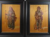 deux tableaux encadrés représentant un homme et une femme avec une canne