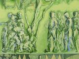 un tableau représentant un groupe de personnes debout sous un arbre