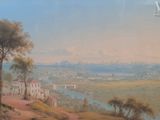 une peinture représentant une vue d'une ville depuis une colline