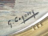 a close up of a painting of a boat on display