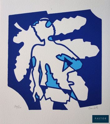 une image représentant une peinture bleue et blanche d'un homme avec une guitare