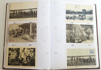 an open book with pictures of people and animals on it