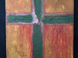 peinture représentant une croix verte sur un fond jaune et rouge
