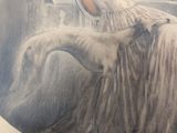 a painting of a woman and a dog in a bathtub