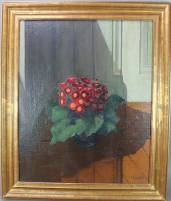 une peinture à l'huile représentant une plante en pot posée sur une table près d'une fenêtre