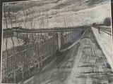 dessin au crayon représentant un pont ferroviaire enjambant une route recouverte de neige