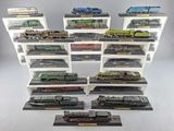 a lot of toy trains on display in a display case