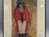 tableau représentant une femme vêtue d'un manteau rouge et d'un chapeau, assise sur une chaise