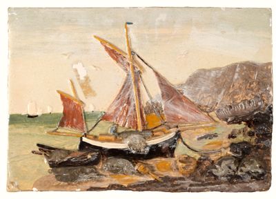 a painting of a boat on the water with other boats in the background