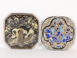pair of japanese cloisons of black, gold, and blue decorated with birds