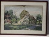 tableau représentant une scène de campagne avec une maison et des arbres en arrière-plan