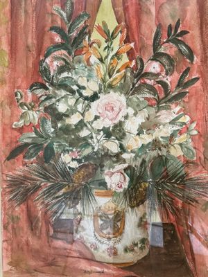 a painting of a vase of flowers on a table