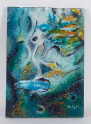 une peinture à l'huile représentant le visage d'une femme, dans des tons bleus et jaunes