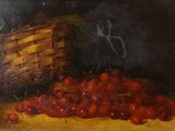 une peinture à l'huile représentant un panier de cerises et des cerises posées sur une table