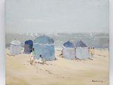 a painting of people on the beach with umbrellas