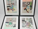 three framed japanese prints of geisha women in kimono
