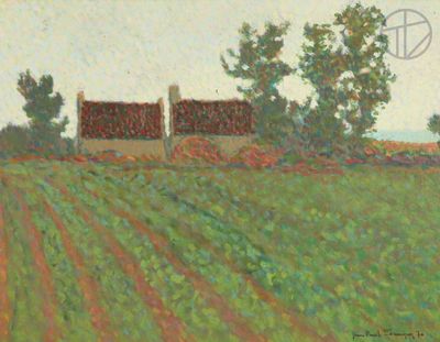 an oil painting of a field with a house in the distance