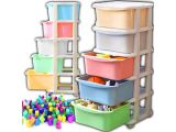 many plastic containers stacked on a shelf next to a pile of plastic toys