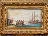 painting of people on a boat in a body of water with a boat in the background