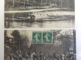 an old photo of a group of people riding horses in a river