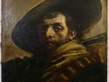 une peinture à l'huile représentant un homme coiffé d'un grand chapeau et tenant un fusil