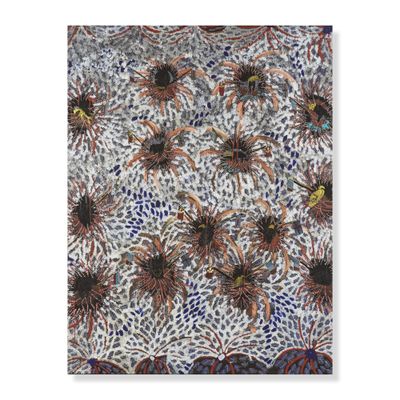 un gros plan sur une peinture représentant des fleurs sur fond blanc