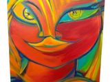 an abstract painting of a woman ' s face with bright yellow eyes