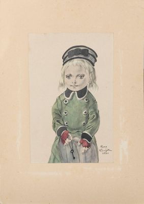 a painting of a little girl in a green dress