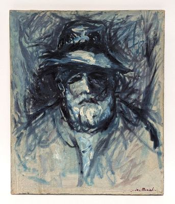 painting of a man with a hat and a cigarette in his mouth