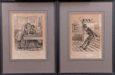 two framed pictures of a man and a woman playing a game of chess