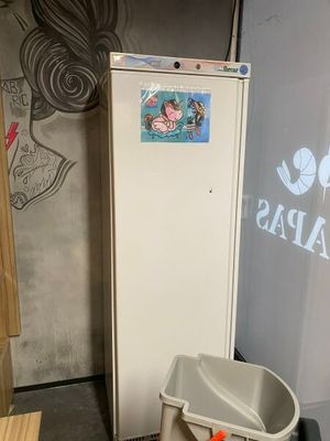 a white refrigerator and a trash can in a room