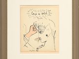 dessin représentant un homme tenant une cigarette à la main et écrivant sur une feuille de papier