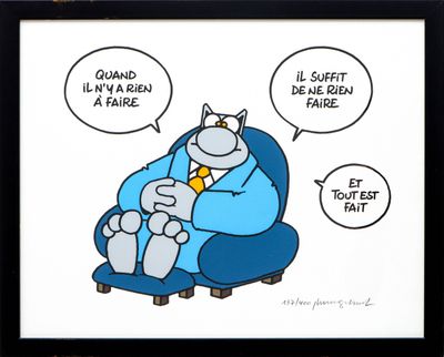 dessin représentant un homme assis sur une chaise, avec un chat sur les genoux