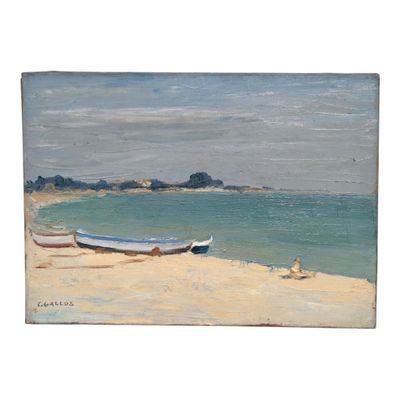 a painting of a boat on the beach by the water