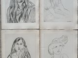 four drawings of a woman with long hair and a man with long hair