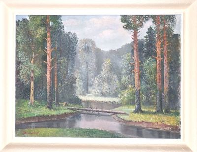 a painting of a stream running through a forest