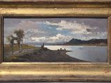 une image représentant un tableau de paysage avec un lac au premier plan